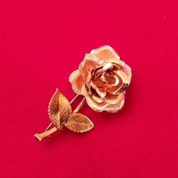 Vintage Signed Krementz Gold/Rose Gold Plated Rose Flower Floral Brooch Pin - Picture 1 of 3